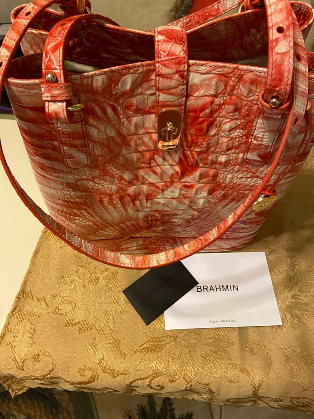 Brahmin Fiori Pink Flamingo Melbourne Genuine Leather shoulder/Bucket /Tote bag